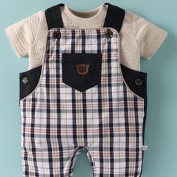 Wonderchild Checked Dungaree With Half Sleeves Textured Tee - Fawn-image-7