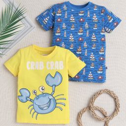 BUMZEE Cotton Knit Half Sleeves T-Shirts with Sea Life Print Pack Of 2 - Blue & Yellow-picture-1