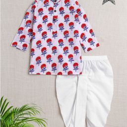 The Magic Wand Cotton Full Sleeves Floral Motifs Printed Kurta Dhoti Set - White-picture-7