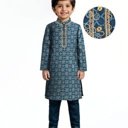 EARTHY TOUCH Single Jersey Knit Full Sleeves Kurta Pajama Set With Floral Print - Teal Blue-picture-21