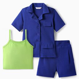 OLLINGTON ST. Waffle Half Sleeves Solid Shrug & Shorts With Inner Top - Blue & Green-image-20