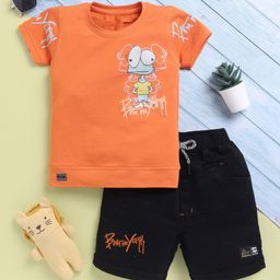TOONYPORT Cotton Knit Half Sleeves Frog Printed Tee & Shorts Set - Orange & Black-image-95