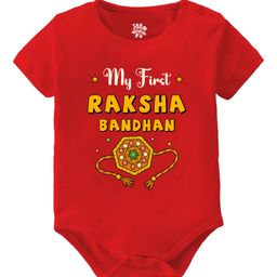 Baby Buzz 100% Cotton Knit Raksha Bandhan Theme Half Sleeves My First Raksha Bandhan Text Printed Onesie - Red-image-40