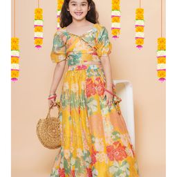 Bitiya By Bhama Silk Woven Half Puffed Sleeves Floral Printed Gota Lace Embellished Coordinating Lehenga Choli - Yellow-picture-24