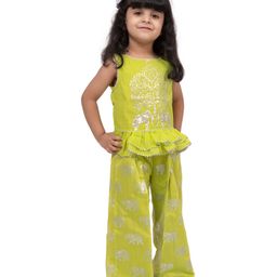 Twisha Chanderi Woven Full Sleeves Elephant Foil Printed Coordinating Top & Palazzo Set - Lime Green-image-87