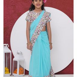 Little Bansi Cotton Woven Floral Printed Wrap Around Saree With Half Sleeves Ready Made Blouse - Blue-picture-24