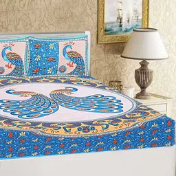 Aura Yellow & Blue Ethnic Motifs Printed 144 TC Cotton Queen Bedsheet Set 2.10 m x 2.30 m-image-5