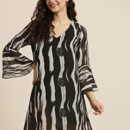 Qurvii Black Georgette Abstract Printed A-Line Dress-image-3