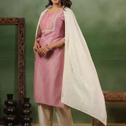 Span Ethnic Motifs Printed Thread Work Pure Silk Straight Kurta with Trouser & Dupatta image 2
