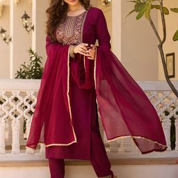 KALINI Ethnic Motifs Yoke Design Thread Work Straight Kurta With Trouser & Dupatta-47