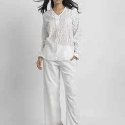 SHAYE Women White Schiffli Embroidered Cotton Casual Co-Ords-picture-42