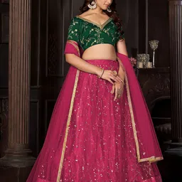 Warthy Ent Embroidered Sequinned Net Semi-Stitched Lehenga & Unstitched Blouse & Dupatta image 4