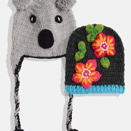 MayRa Pack Of 2 Flower Embroidered & Bear Design Hand Knitted Caps - Grey-image-23
