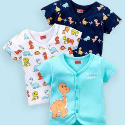 Babyhug 100% Cotton Knit Half Sleeves Set of Vests Dino Print Pack of 3 - Multicolor-image-91