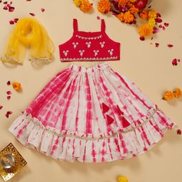 Saka Designs Cotton Sleeveless Choli and Tie Dye Pattern Lehenga Set with Lace Border Dupatta Floral Embroidered - Pink-picture-17