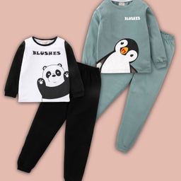 BLUSHES Pack Of 2 Full Sleeves Panda & Penguin Printed Tee & Pajama Set - White Black & Olive Green-image-7