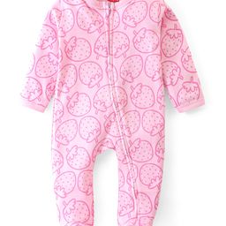 Babyhug Cotton Knit Full Sleeves Footed Sleep Suit With Strawberry Print - Pink-image-83