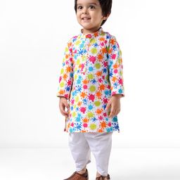 Earthy Touch 100% Cotton Knit Full Sleeves Kurta & Dhoti Set with Colour Splash Print - White-image-49