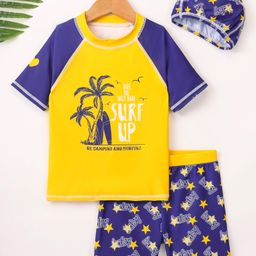 Kookie Kids Half Sleeve  Two Piece Swimsuit Tree Star & Text Print - Yellow-image-95