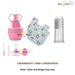 Neonate Care Baby Grooming Kit Finger Brush and 2pc Bibs (Multi color)( color and design may vary)-image-39