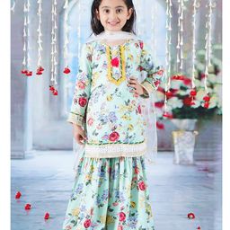Little Bansi Full Sleeves Rose Printed & Gota Lace Embellished Coordinating Kurta & Sharara With Dupatta Set - Green-image-28