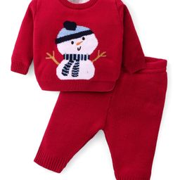 Babyhug Knitted Full Sleeves Pullover Sweater Set With Snow Man Design - Red-image-1