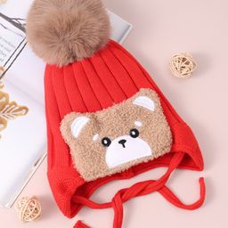 Babyhug Woollen Cap With Knot Bear Applique - Red-image-99