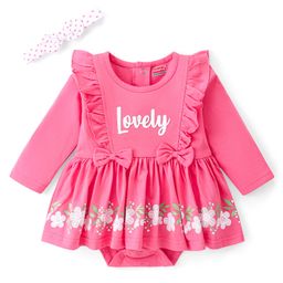 Babyhug 100 % Cotton Knit Full Sleeves Frock Style Onesie with Headband Bow Applique & Floral Print - Pink-image-101
