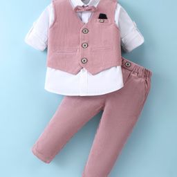 JASH KIDS Cotton Woven Full Sleeves Striped 3 Piece Party Suit with Bow -  Pink-image-64
