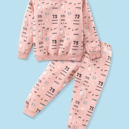 Teddy Fleece Knit Full Sleeves Winter Wear Co-Ord Suit With Text Print - Peach-image-58