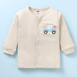 Simply Fleece Knit Full Sleeves Front Open Jhabla With Vehicle Print - Beige-picture-0