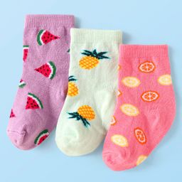 Cute Walk by Babyhug Knit Ankle Length Socks With Fruit Design Pack of 3 - Purple White & Dark Pink-image-99