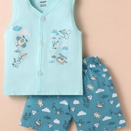CUCUMBER Sinker Knit Sleeveless Night Suit With Airplane & Helicopter Print - Light Blue-image-98