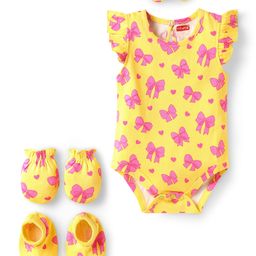 Babyhug 100% Cotton Knit Frill Sleeves Bow Printed Onesie With Hairband Mittens & Booties - Yellow-image-99