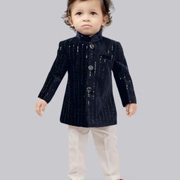 little desi Velvet Full Sleeves Mirror Work Detailed Sherwani Pyjama Set - Navy Blue-image-53