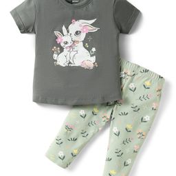 CUCUMBER Cotton Knit Half Sleeves Night Suit with Animal Print - Charcoal Grey & Mint-image-46