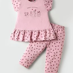 Evimo Single Jersey Knit Half Sleeves Night Suit With Animal & Heart Print - Light Red-image-47