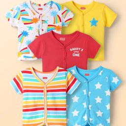Babyhug 100% Cotton Interlock Knit Half Sleeves Front Open Vest with Stripe Design & Star Print Pack of 5 - Multicolor-image-66