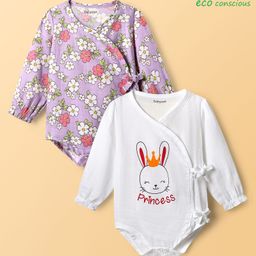 Babyoye 100% Organic Muslin Full Sleeves Onesies with Floral & Bunny Print Pack of 2 - White & Purple-image-102