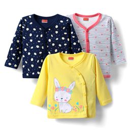 Babyhug 100% Cotton Interlock Knit Full Sleeves Jhablas With Floral Print Pack Of 3 - Yellow Navy Blue & White-image-6