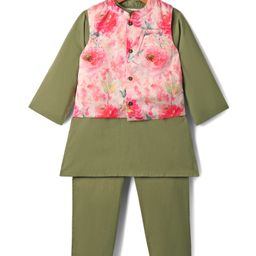 Babyhug Cotton Woven Full Sleeves Kurta Pajama Set with Digital Printed Jacket - Olive Green-image-27