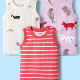 Kookie Kids 100% Cotton Sleeveless Vests With Stripes Animal & Sea Life Print Pack Of 3 -Multicolor-image-40