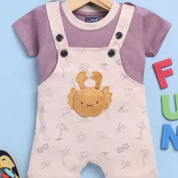 Jb Club Cotton Knit Crab Patch Embroidered Dungaree With Half Sleeves Tee Set - Beige-picture-15