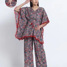 Aujjessa Cotton Woven Half Batwing Sleeves Paisleys Printed & Lace Detailed Maternity Night Suit Set With Front Zipper Nursing Access - Indigo & Red-picture-17