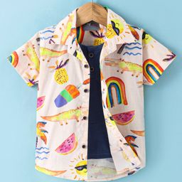Dapper Dudes Half Sleeves Fruits & Crocodile Printed Shirt With Attached Tee - Navy Blue-picture-27