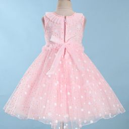 Bluebell Net Woven  Sleeveless Party Frock With Floral Glittery - Peach image 3