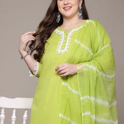 Readiprint Fashions Plus Size Floral Yoke Design Pure Cotton Kurta With Trousers & Dupatta-image-33