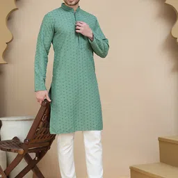 Jompers Geometric Embroidered Mandarin Collar Sequinned Straight Kurta With Pyjamas-image-85