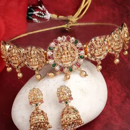 Sukkhi Women Cultivated Gold Plated Red Green AD Stones Choker Necklace Earrings Jewellery-picture-44