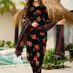 KALINI Women Black Floral Printed Regular Kurta with Trousers & With Dupatta-picture-18